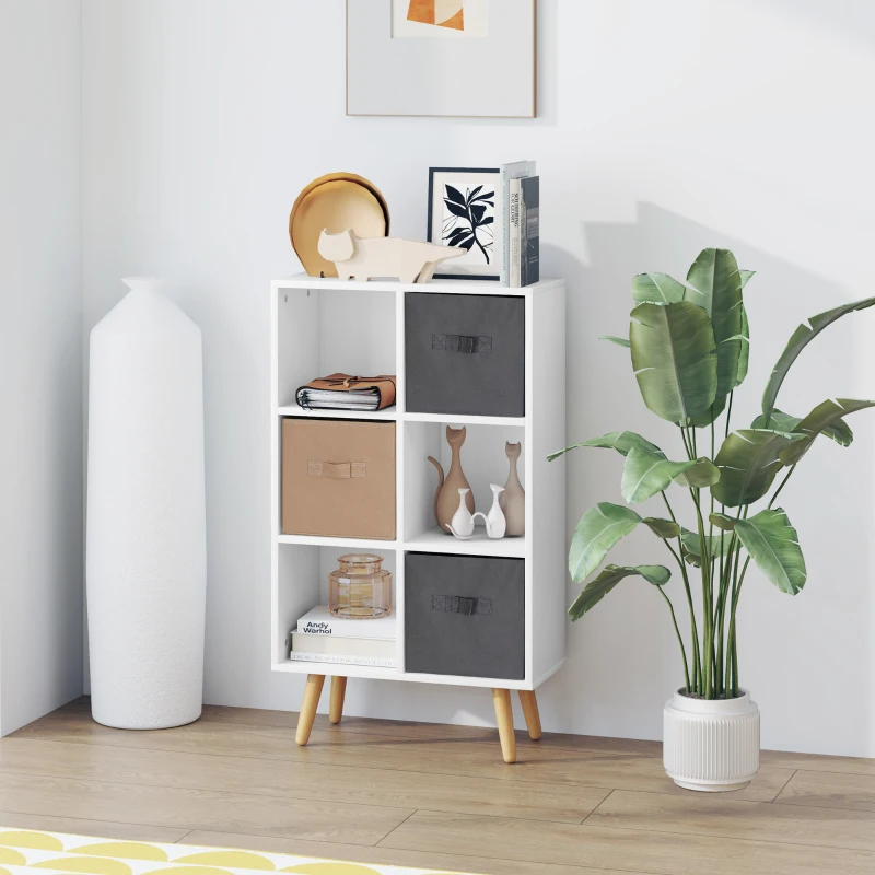 HOMCOM Freestanding 6 Cube Unit Cabinet Unit w/ 3 Fabric Drawers Handles Home Office Storage Shelves White