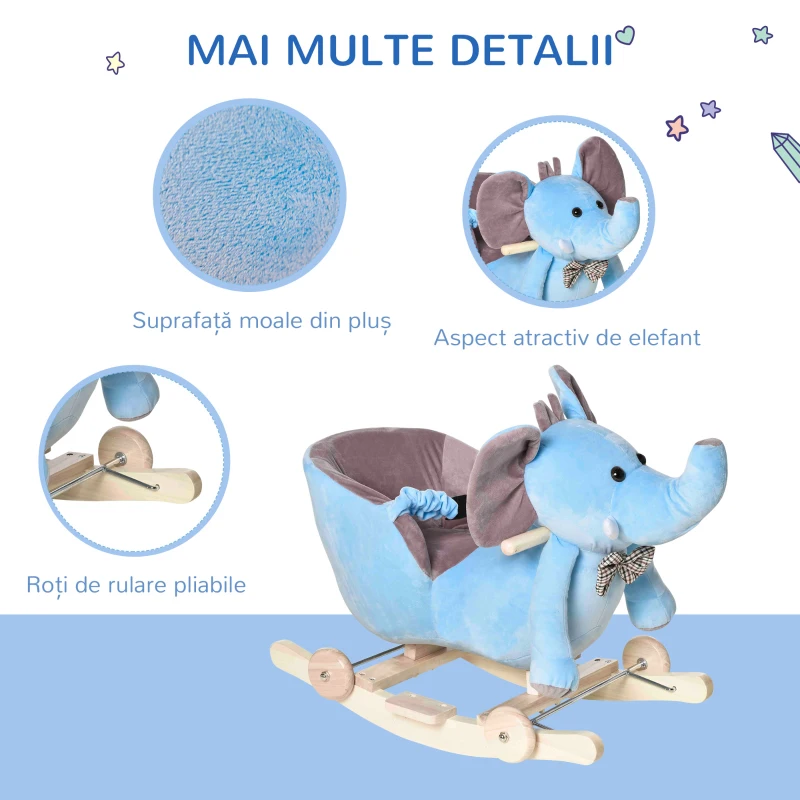 HOMCOM Jucărie Balansoar pentru Copii 18+ Luni în Formă de Elefant cu Roți, Centură și Spătar, 60x35x45 cm, Albastru