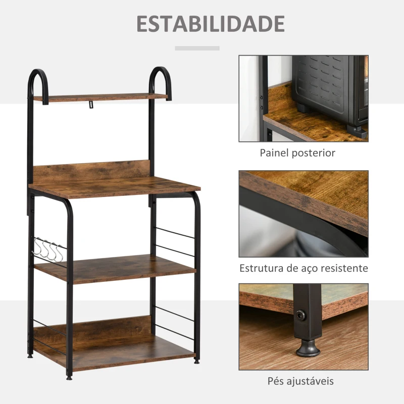 HOMCOM Estante de Cozinha Estante para Microondas com 4 Níveis Ganchos e Pés Ajustáveis Estante de Armazenamento 60x40x125 cm Marrom Rústico