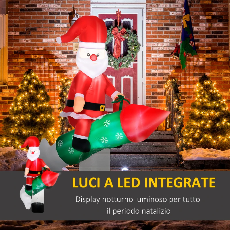 Outsunny Babbo Natale Gonfiabile con Missile, Luci LED e Gonfiatore Incluso, 154x76x183cm