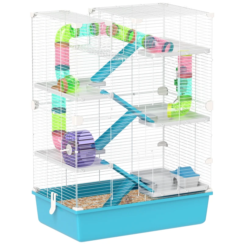 PawHut 6-Laags Hamsterkooi met Buizen, Tunnels, Huisje, Looprad, Voedselkom, Waterfles, Hellingen, Lichtblauw(m-10)