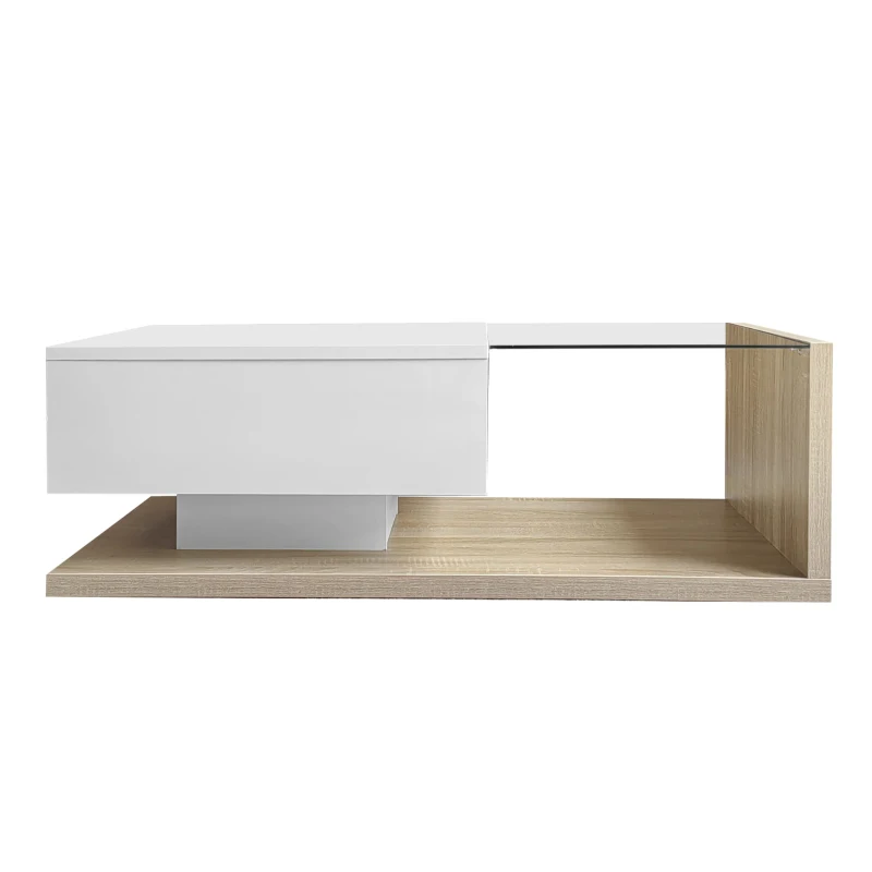 High Gloss Coffee Table with Glass Top and LED Lights, Sofa Table for Living Room, 105L x 55W x 32.5H cm, White+Natural