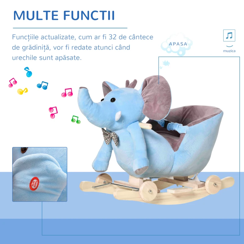 HOMCOM Jucărie Balansoar pentru Copii 18+ Luni în Formă de Elefant cu Roți, Centură și Spătar, 60x35x45 cm, Albastru