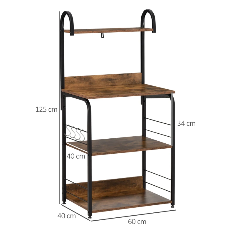 HOMCOM Estante de Cozinha Estante para Microondas com 4 Níveis Ganchos e Pés Ajustáveis Estante de Armazenamento 60x40x125 cm Marrom Rústico