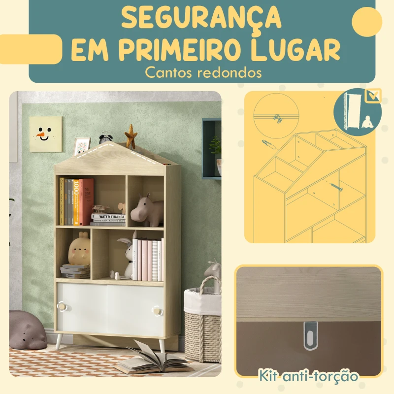 AIYAPLAY Estante Infantil com 4 Compartimentos Estante de Livros para Crianças com Prateleiras Abertas e Armário 80x30x140,5 cm Branco e Madeira