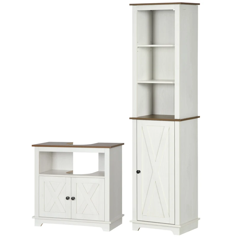 kleankin 2 Piece Bathroom Furniture Set, Tall Bathroom Cabinet with Adjustable Shelves, Under Sink Cabinet with Cupboard and Open Shelf, Ash Wood Effect