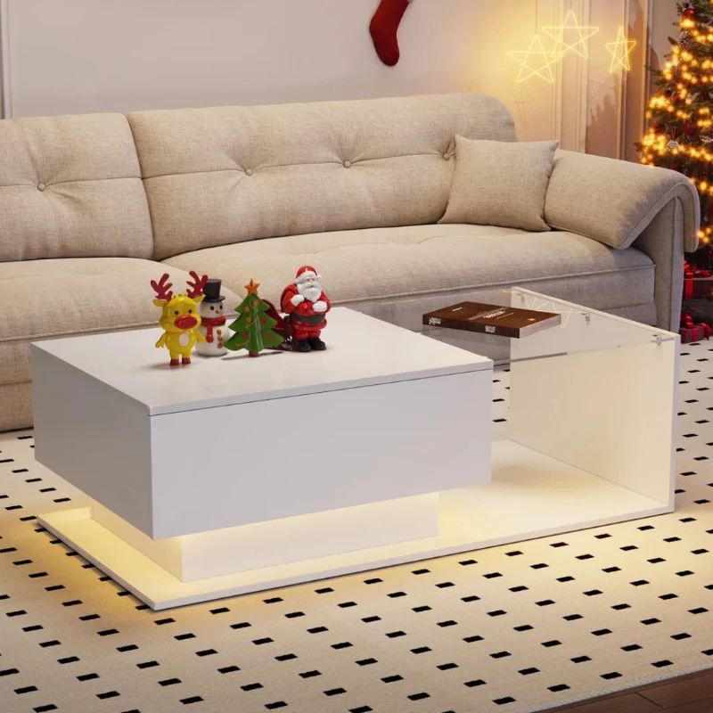 High-Gloss Coffee Table with Glass Top and LED Lights, Sofa Table for Living Room, 105L x 55W x 32.5H cm, White