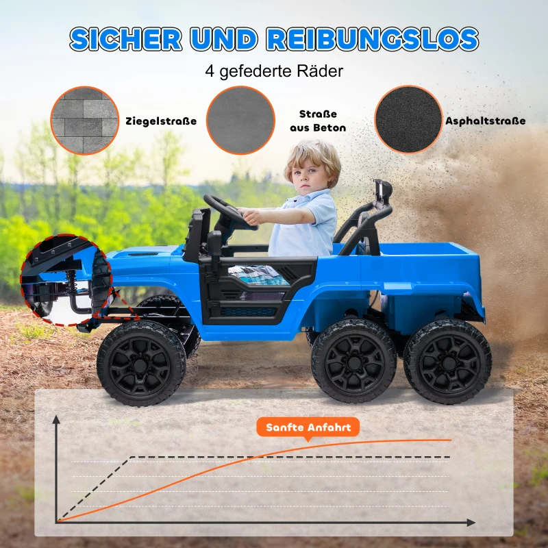 AIYAPLAY 12V Elektrische Kinderauto met Aanhanger, LED-Licht, Muziek en Hoorn, voor Kinderen van 3-8 Jaar, Lichtblauw