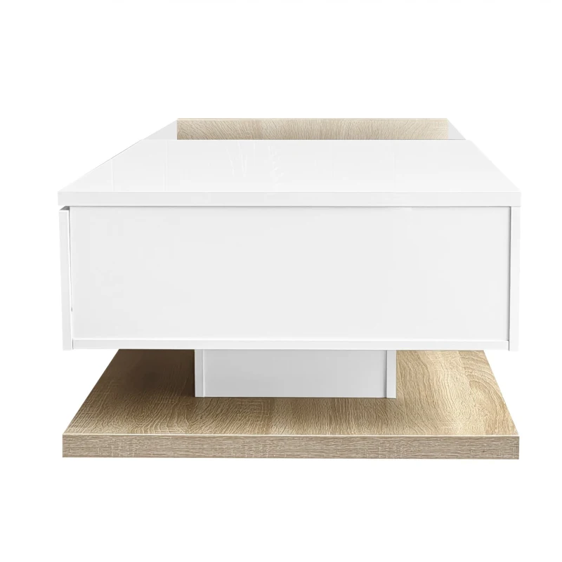 High Gloss Coffee Table with Glass Top and LED Lights, Sofa Table for Living Room, 105L x 55W x 32.5H cm, White+Natural