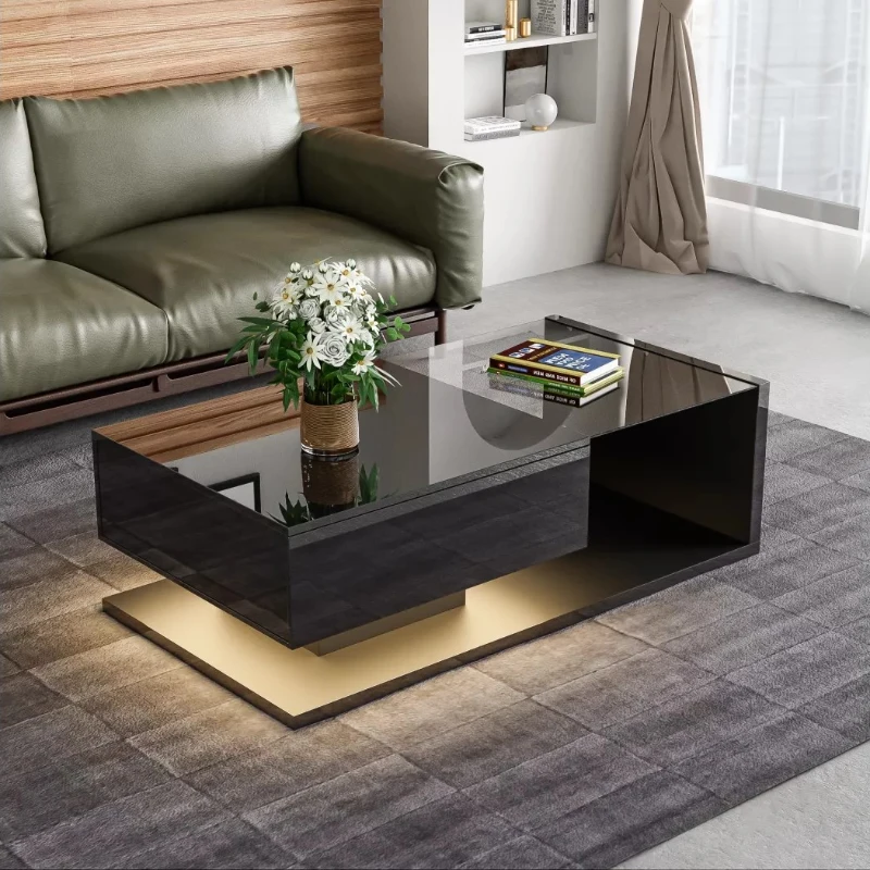 Gloss Coffee Table with 16-color LED Lights Modern Coffee Table with 2 drawers & High Gloss Black Finish