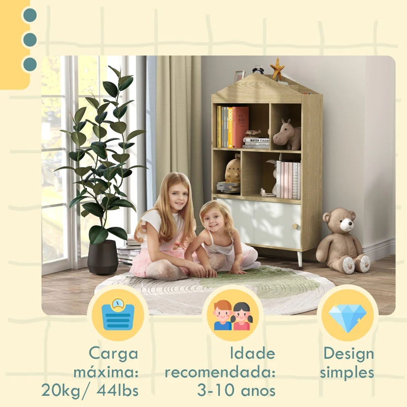 AIYAPLAY Estante Infantil com 4 Compartimentos Estante de Livros para Crianças com Prateleiras Abertas e Armário 80x30x140,5 cm Branco e Madeira