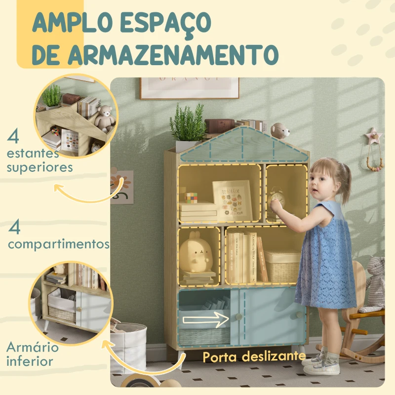 AIYAPLAY Estante Infantil com 4 Compartimentos Estante de Livros para Crianças com Prateleiras Abertas e Armário 80x30x140,5 cm Branco e Madeira