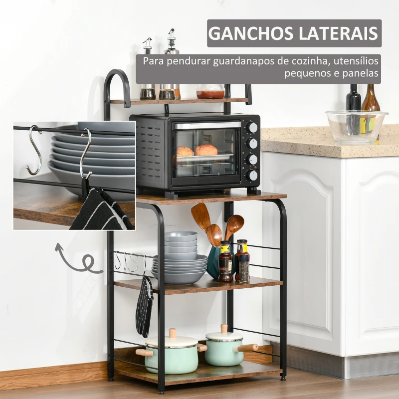 HOMCOM Estante de Cozinha Estante para Microondas com 4 Níveis Ganchos e Pés Ajustáveis Estante de Armazenamento 60x40x125 cm Marrom Rústico