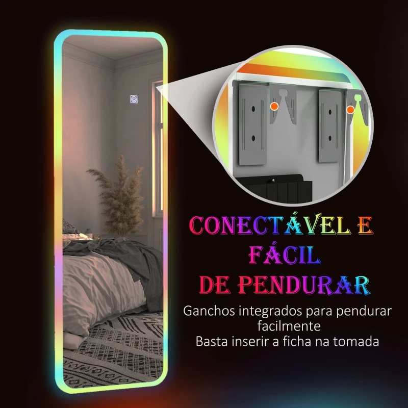 HOMCOM Espelho de Corpo Inteiro com Luzes LED 120x40 cm Espelho de Parede com Iluminação em 7 Cores RGB e Função de Memória Prata