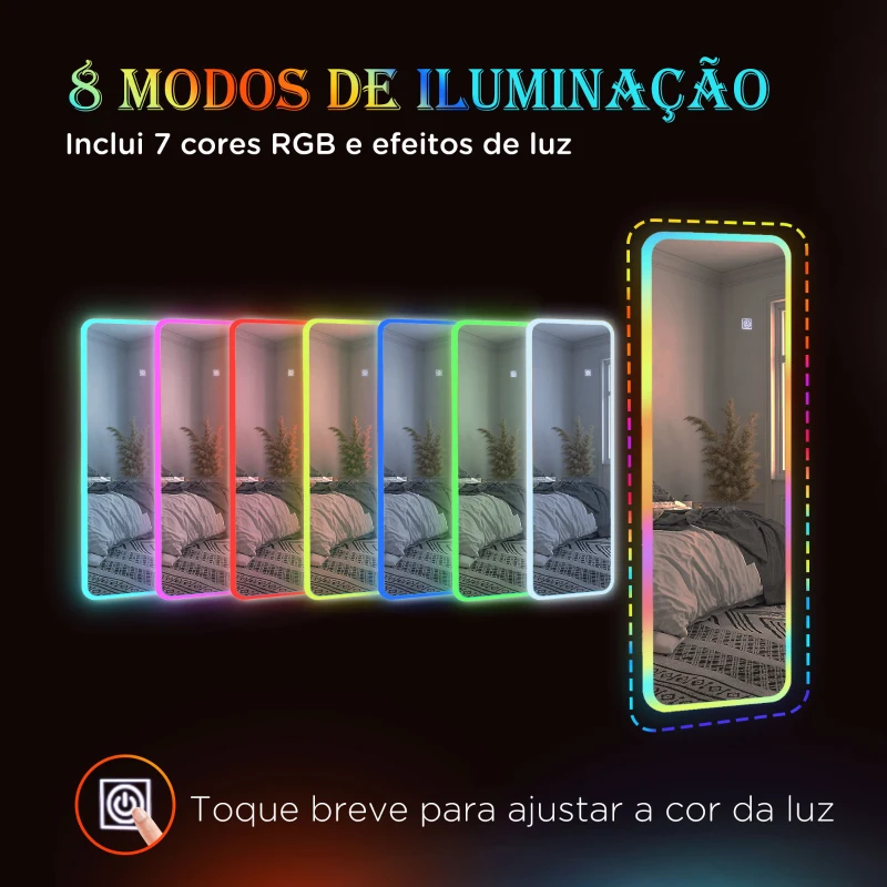HOMCOM Espelho de Corpo Inteiro com Luzes LED 120x40 cm Espelho de Parede com Iluminação em 7 Cores RGB e Função de Memória Prata