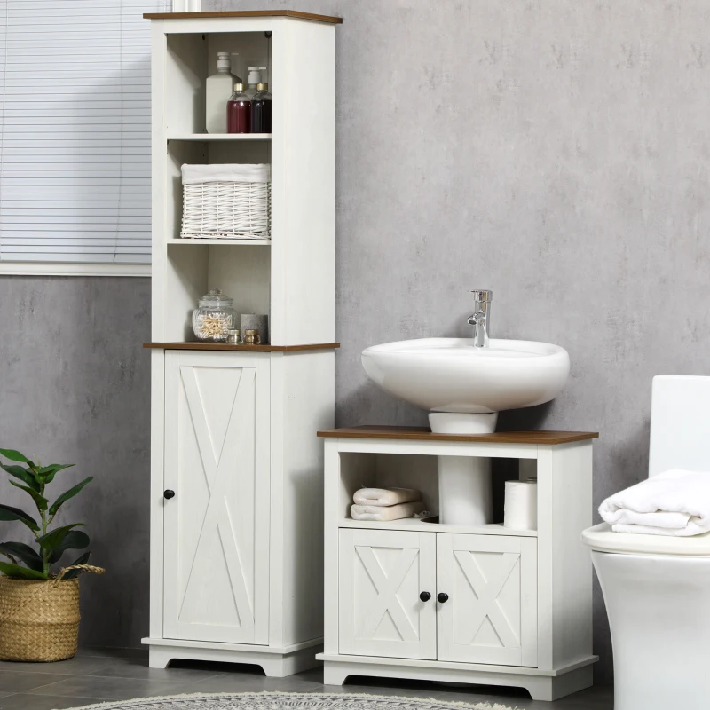 kleankin 2 Piece Bathroom Furniture Set, Tall Bathroom Cabinet with Adjustable Shelves, Under Sink Cabinet with Cupboard and Open Shelf, Ash Wood Effect