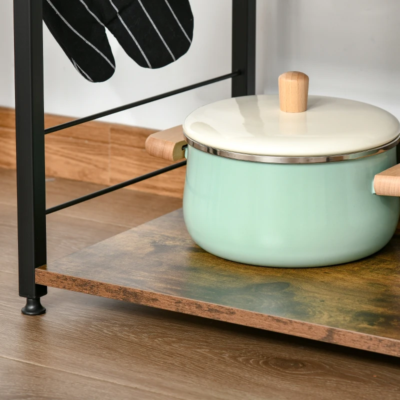 HOMCOM Estante de Cozinha Estante para Microondas com 4 Níveis Ganchos e Pés Ajustáveis Estante de Armazenamento 60x40x125 cm Marrom Rústico