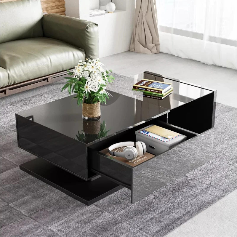 Gloss Coffee Table with 16-color LED Lights Modern Coffee Table with 2 drawers & High Gloss Black Finish