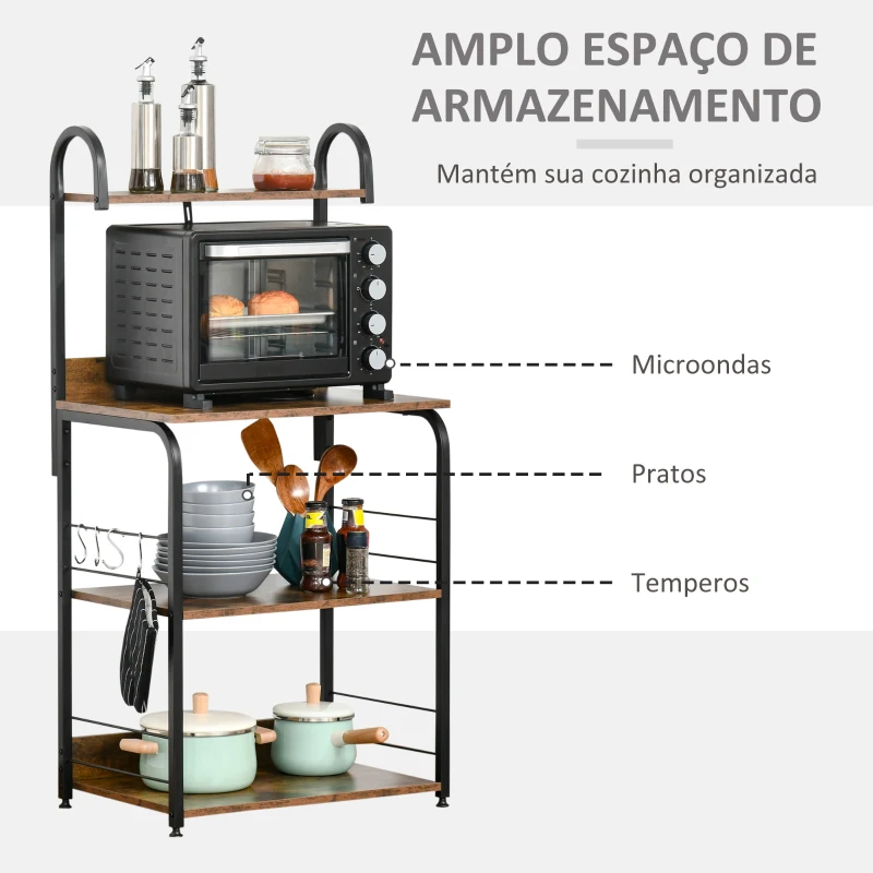 HOMCOM Estante de Cozinha Estante para Microondas com 4 Níveis Ganchos e Pés Ajustáveis Estante de Armazenamento 60x40x125 cm Marrom Rústico