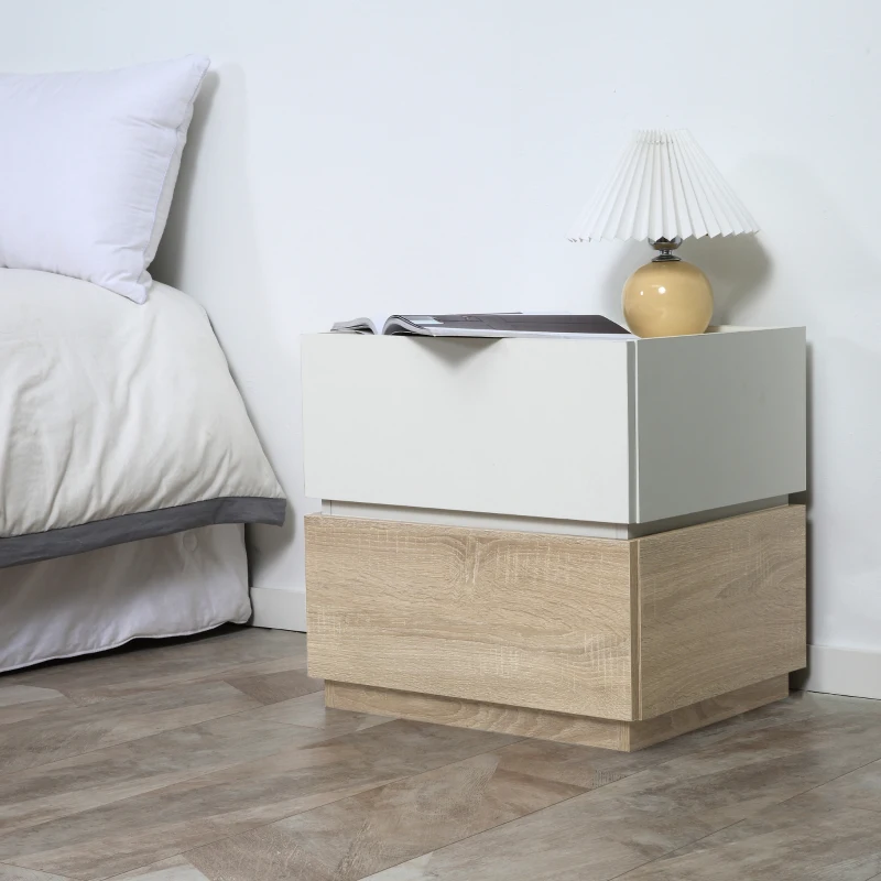 HOMCOM Table de chevet empilable table de nuit table d'appoint avec 2 tiroirs pour chambre à coucher, salon - blanc et naturel