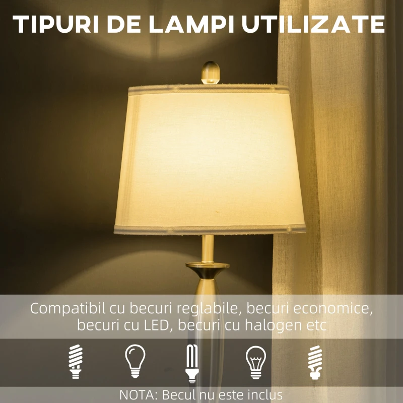 HOMCOM Set cu lampa de podea si veioza de masa din otel si stofa pentru iluminatul interior al casei si biroului, alb si argintiu