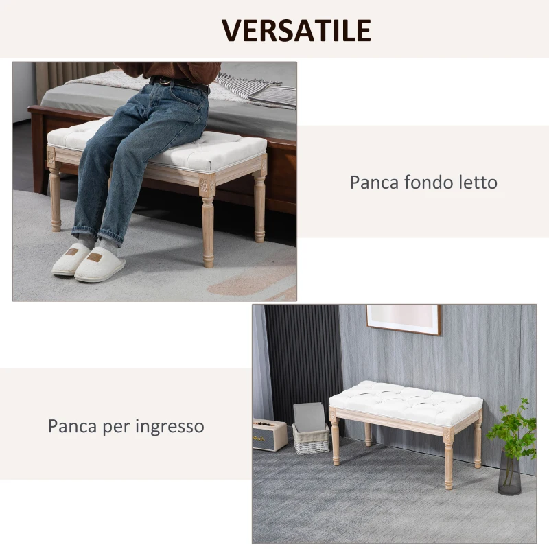 HOMCOM Panca Fondoletto Imbottita Stile Vintage in Tessuto e Gambe in Legno, 117x40x48 cm, Crema