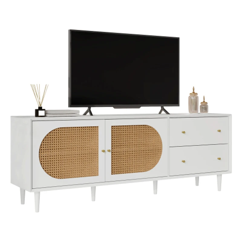 Meuble TV scandinave en rotin avec 2 tiroirs et grand espace de rangement intérieur, Blanc