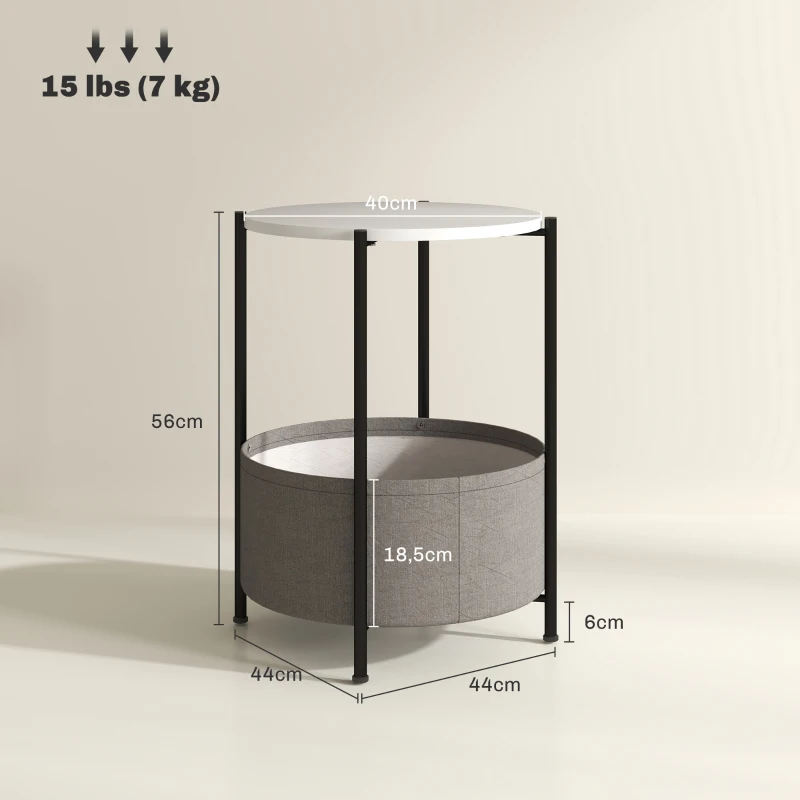 HOMCOM Ronde Bijzettafel met Stoffen Mand, 2-Laags Koffietafel voor Woonkamer, Slaapkamer, Kleine Ruimtes, Metaal, Grijs+Wit