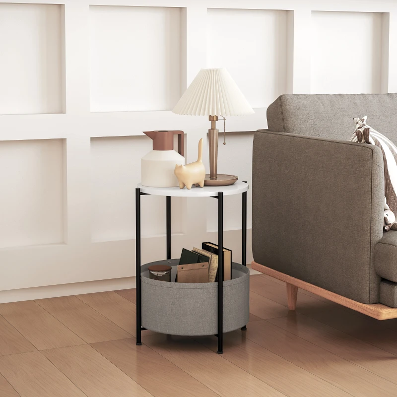 HOMCOM Ronde Bijzettafel met Stoffen Mand, 2-Laags Koffietafel voor Woonkamer, Slaapkamer, Kleine Ruimtes, Metaal, Grijs+Wit