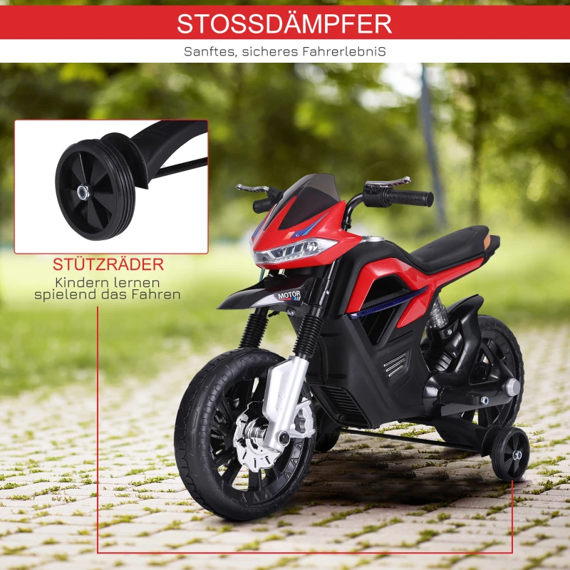 HOMCOM Kindermotorrad Kinder-Elektromotorrad Elektro-Motorrad für Kinder 3-6 Jahren Licht Musik MP3 Elektrofahrzeug mit Stützrädern maximal 3 km/h Metall + Kunststoff Rot 105 x 52,3 x 62,3 cm