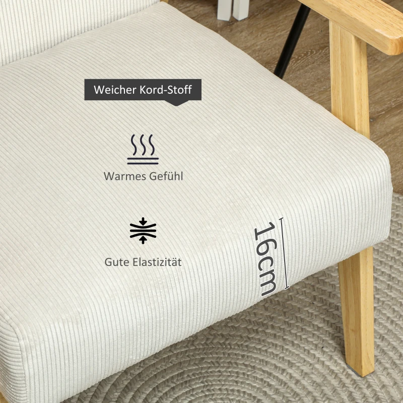 HOMCOM Moderne Fauteuil met Armleuningen, Stoffen Bekleding, van Rubberhout, Accentstoel, Draagvermogen 120 kg, Roomwit