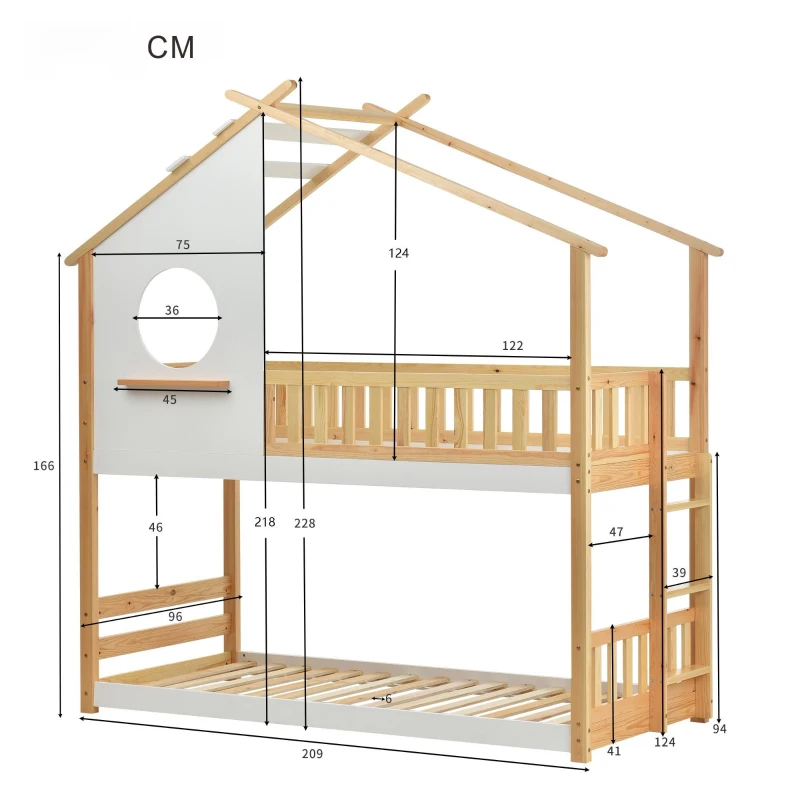 Lit superposé avec échelle perpendiculaire et protection contre les chutes, lit cabane, cadre en bois, sans matelas, 200x90 cm, Blanc+naturelle