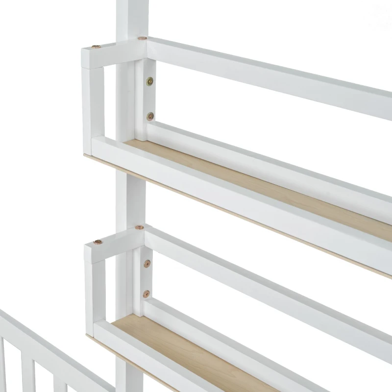 Letto per bambini con cassetti e scaffali, struttura a L, senza materasso, 90x200 cm+140x70 cm, Bianco