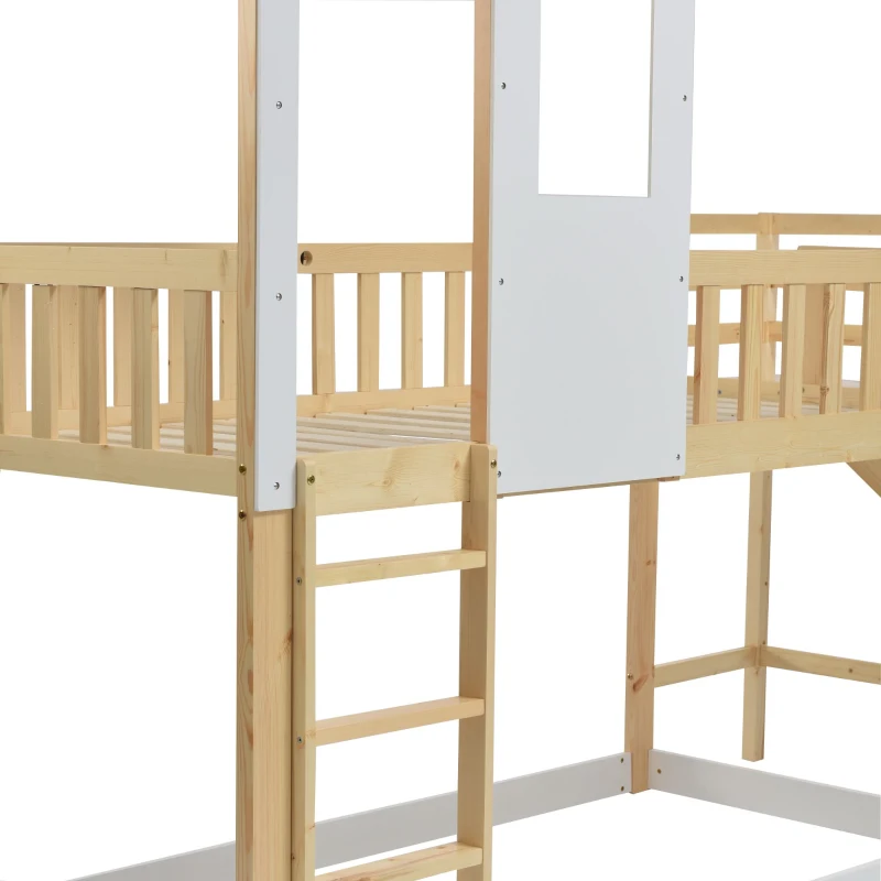 Letto a castello per bambini 6+ anni con scala ad angolo retto e scivolo, letto a casetta, 200x90 cm,naturale