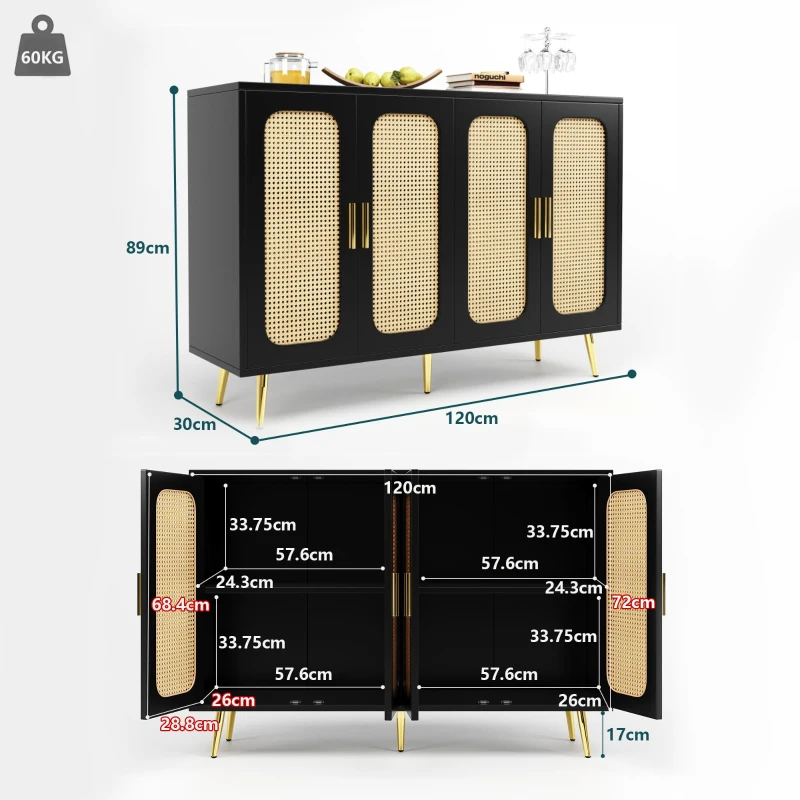Seitenwand-Aufbewahrungsschrank aus Rattan, handwerklich gestalteter Schrank, multifunktional, stabil und langlebig, 120×30×89 cm，Schwarz
