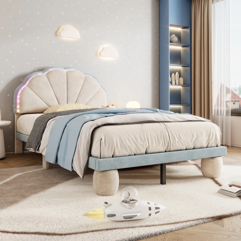 Lit rembourré avec bandes lumineuses multicolores et tête de lit ondulée, sans matelas, 90×200 cm, Bleu+Crème