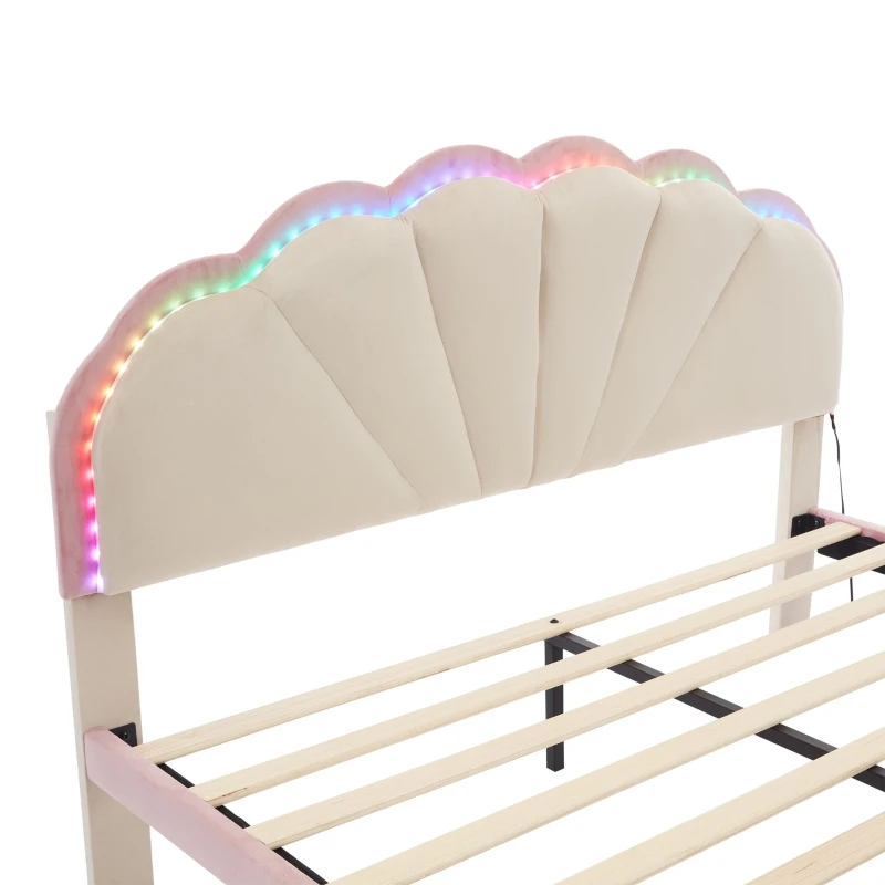 Lit rembourré avec bandes lumineuses multicolores et tête de lit ondulée, sans matelas, 140×200 cm, Blanc+Rose
