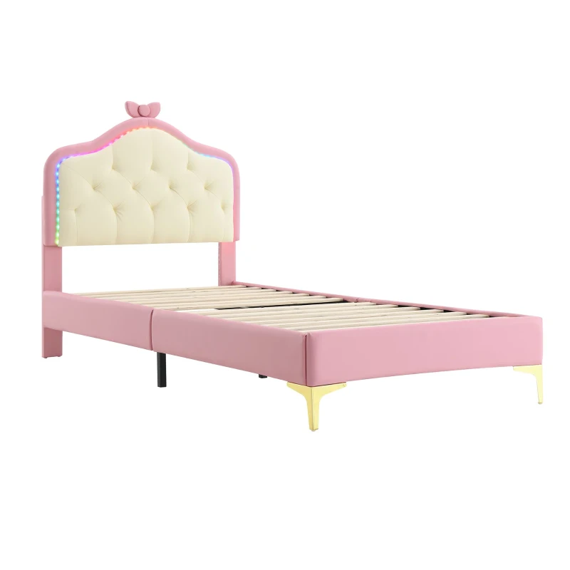 Letto Imbottito con Striscia LED, Testiera con Fiocco Rosa, Rivestimento in PU, Senza Materasso, 90×200 cm, Bianco e Rosa