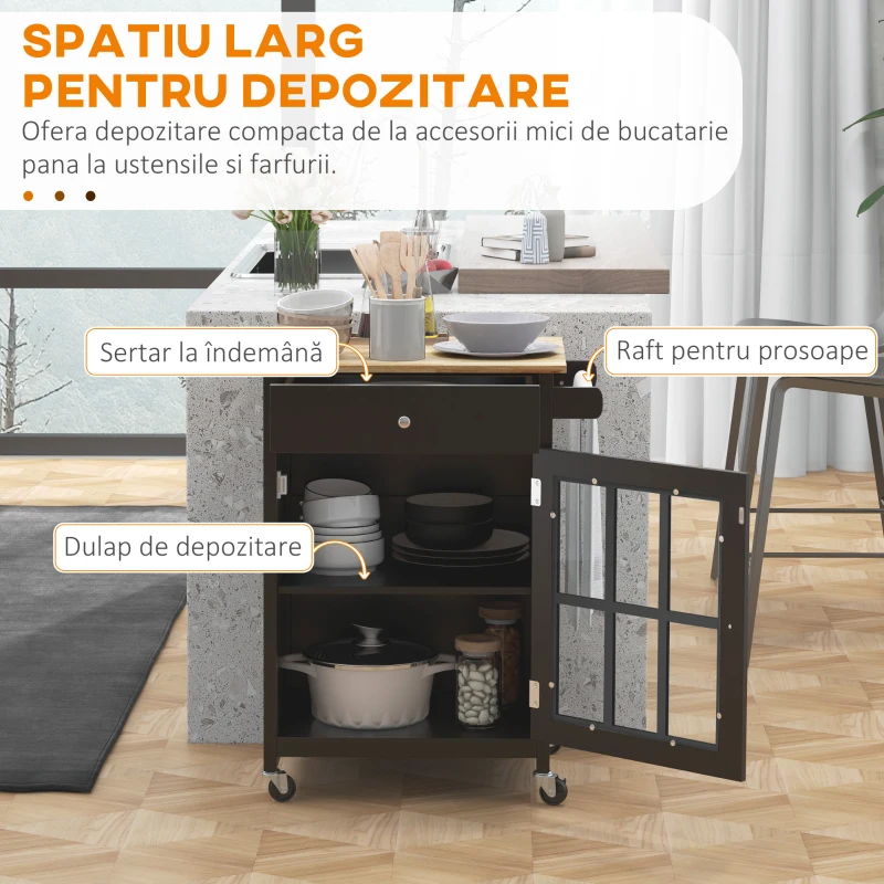 HOMCOM Cărucior de Bucătărie cu Sertar, Raft Reglabil, 4 Roți și Suport Lateral pentru Prosop, 67x48x86,5 cm, Negru(m-4)