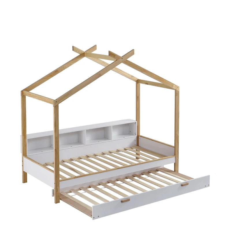 Letto per bambini con quattro scomparti a scaffale e letto estraibile, letto a casetta, 90x200 cm & 90x190 cm, Bianco+naturale