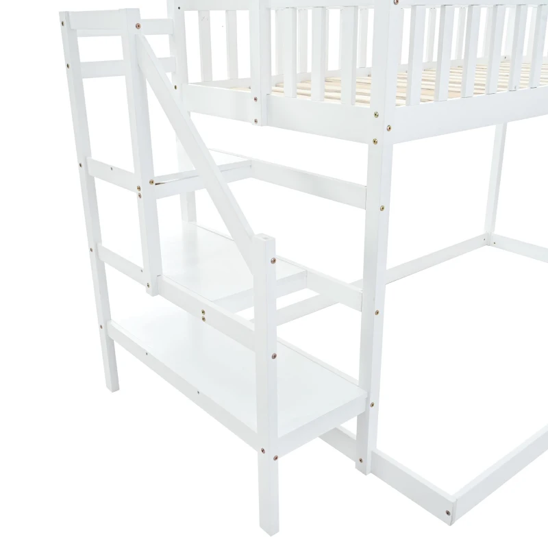 Lit superposé avec escalier et barrière de sécurité, lit cabane, sans matelas, 90x200 cm, Blanc