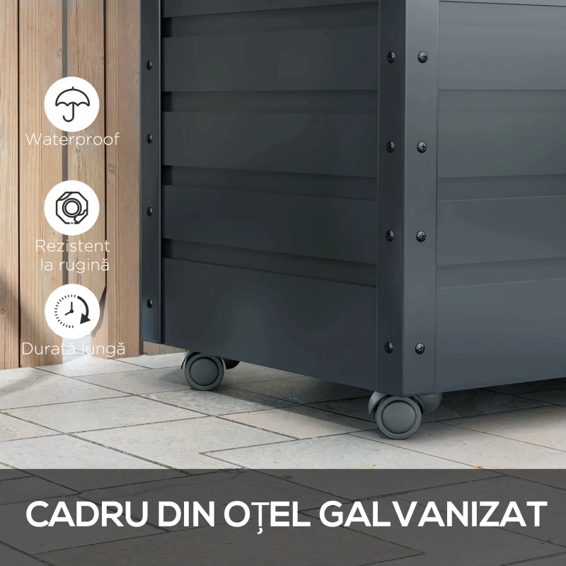 Outsunny Ladă de Grădină de 295L cu Încuietoare, 2 Mânere și 4 Rotile, Mobilier Depozitare din Oțel, 100x62x65 cm, Gri