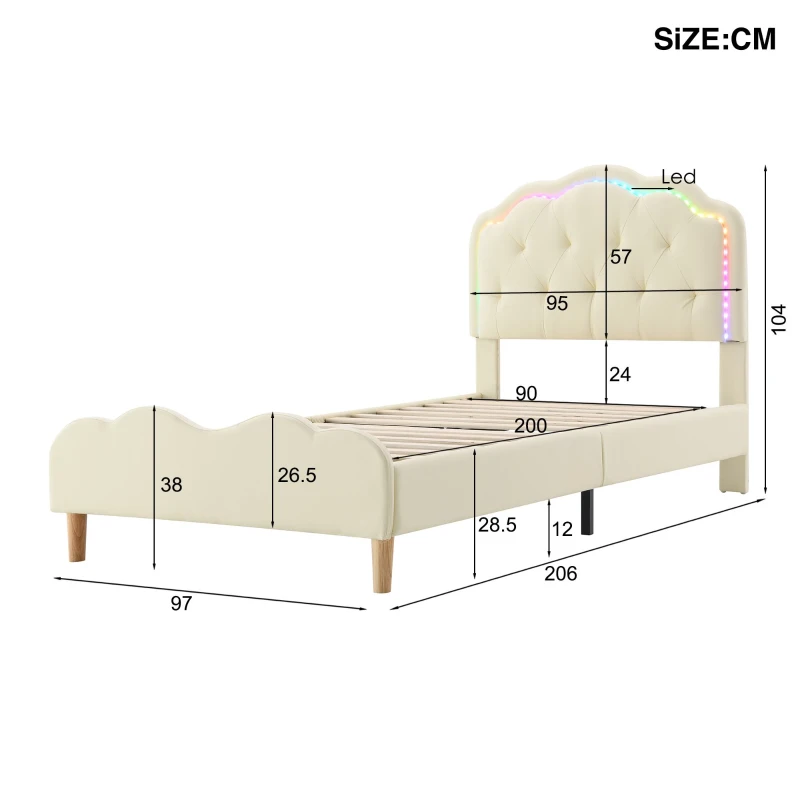 Letto Imbottito con Striscia LED, Testiera Ondulata e Doghe In Legno, Letto per Cameretta in PU, Senza Materasso, 90×200 cm, Bianco