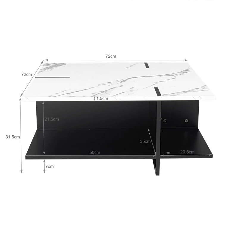 Tavolino quadrato, design moderno minimalista, effetto marmo bianco, Nero+Bianco