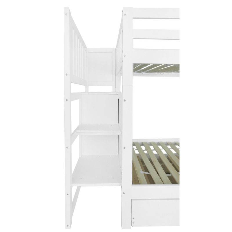 Letto a castello con tre posti letto e quattro cassetti, scala sicura, senza materasso, 90x200 cm & 90x190 cm, Bianco