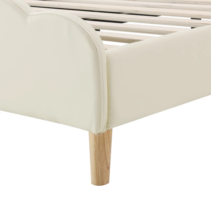 Letto Imbottito con Striscia LED, Testiera Ondulata e Doghe In Legno, Letto per Cameretta in PU, Senza Materasso, 90×200 cm, Bianco