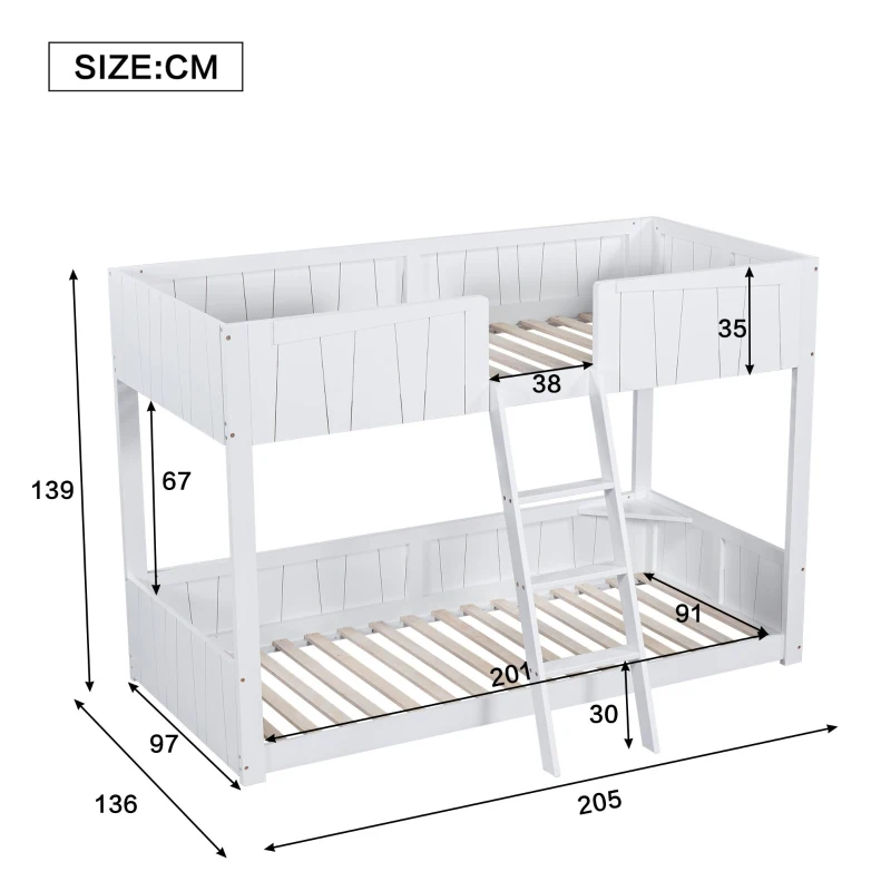 Letto a castello per bambini 6+ anni con scala a tre gradini e barriera di sicurezza, 90x200 cm, Bianco