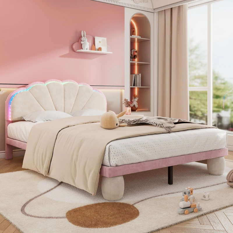 Letto imbottito con strisce luminose multicolore e testiera ondulata, senza materasso, 140×200 cm, Bianco+Rosa