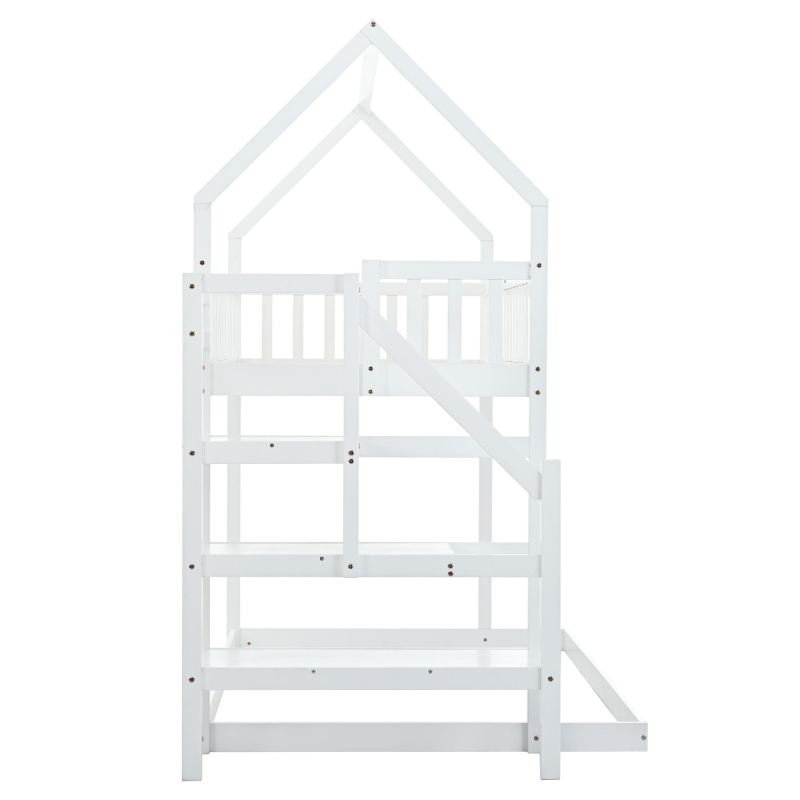 Lit superposé avec escalier et barrière de sécurité, lit cabane, sans matelas, 90x200 cm, Blanc
