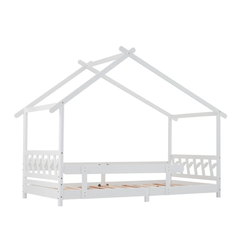 Lit maison en bois avec barrière et sommier à lattes,sans matelas, 90x200 cm, Blanc